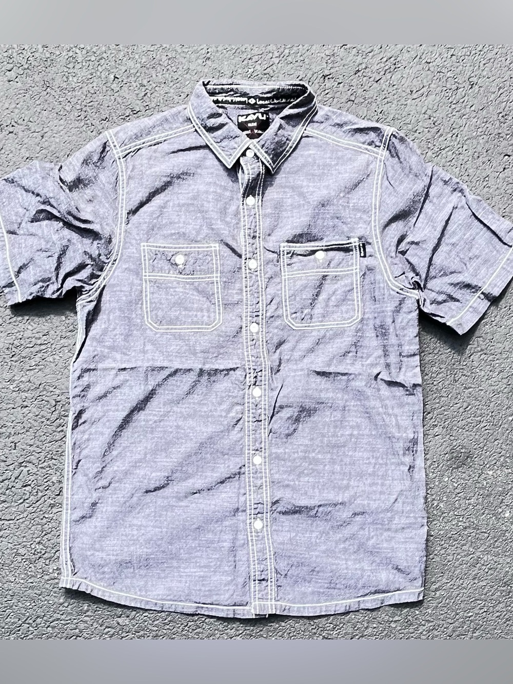 Kavu Men’s Short-Sleeve Denim Blue Cotton Button-Down Shirt Size Small